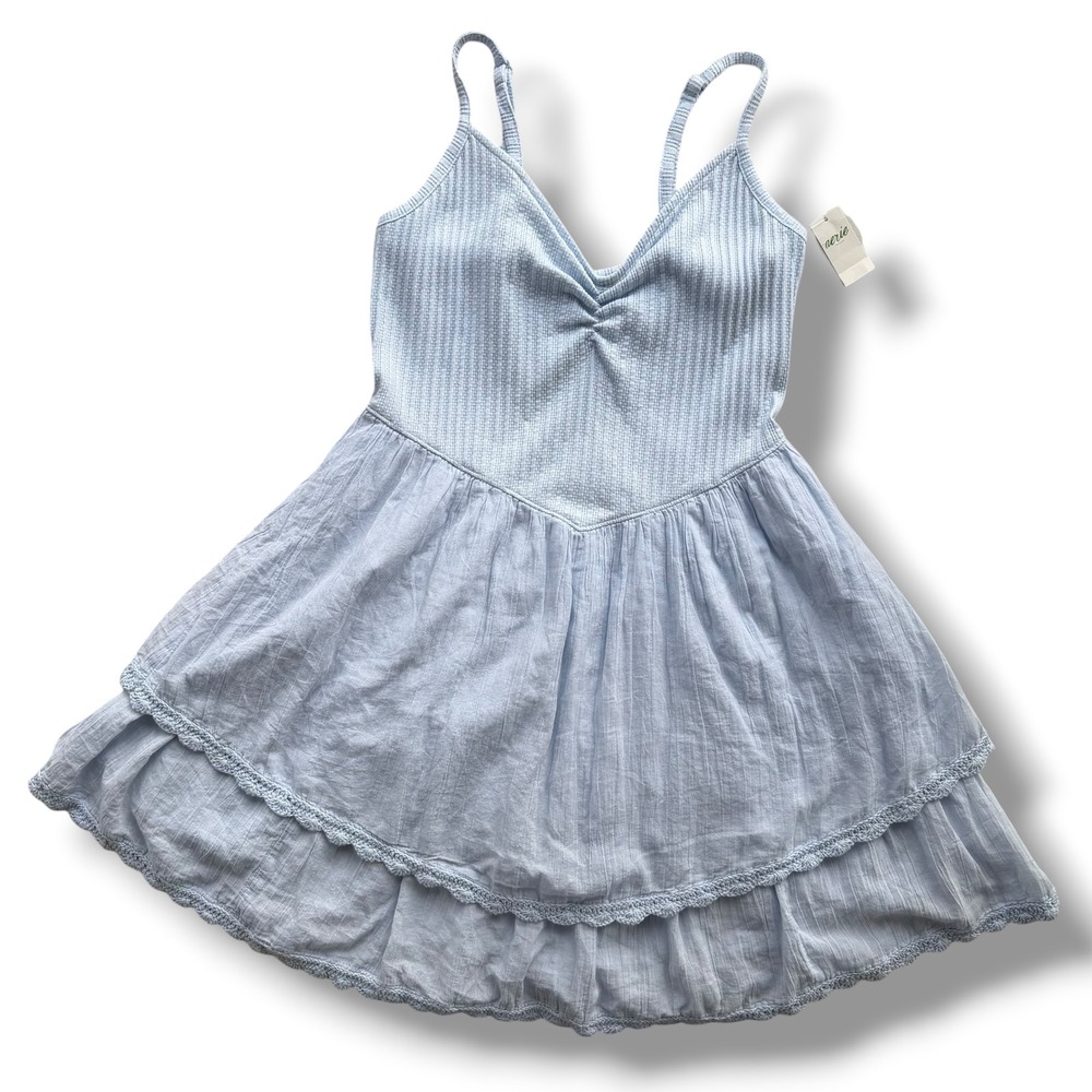 Aerie Women's Lg. Light Blue Ribbed Tiered Crochet Trim At The Barre Mini Dress